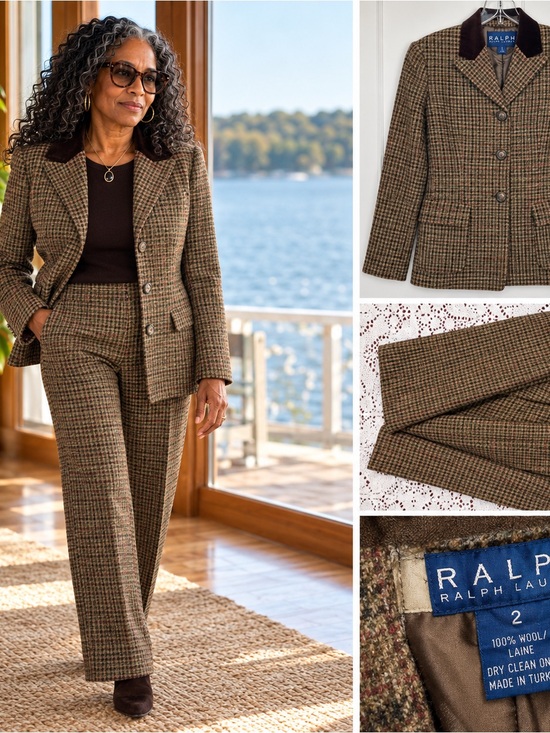 Ralph Lauren Pants - Ralph Lauren Brown Houndstooth Wool Pantsuit with Dark Brown Corduroy Collar 2